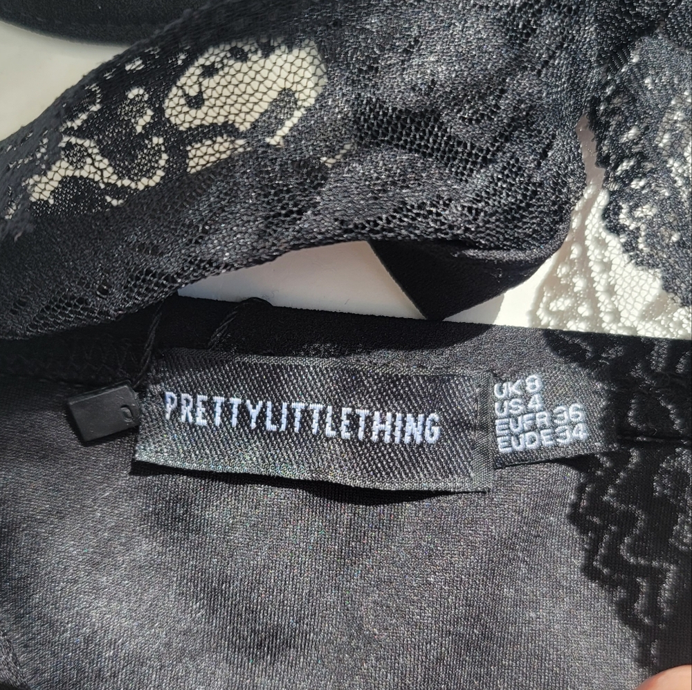 NWT PrettyLittleThing Black Lace Trim High Neck Sheer Top Bodycon Dress - Picture 8 of 11